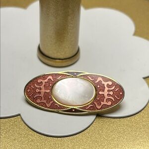 “Isle of Skye”Oval Mother-of-Pearl Cabochon Pin with Rose Gold Enamel